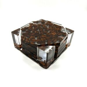 Set of 4 handmade coffee bean coasters, with one holder, and 4in wide.